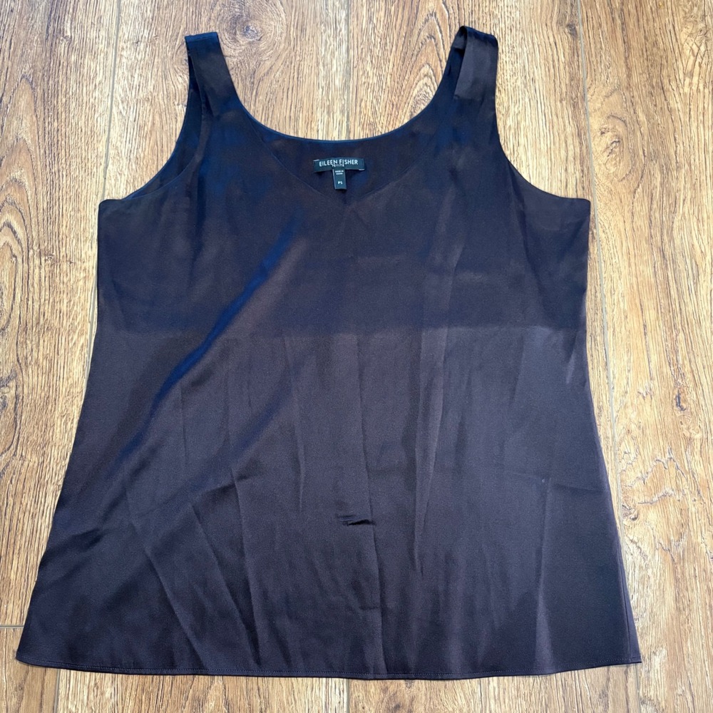 Eileen Fisher Petite Silk Blouse V-Neck Tank Espresso Brown‎ PS Capsule Wardrobe